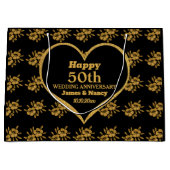 黒エレガント金ゴールド花50結婚周年 ラージペーパーバッグ (正面)