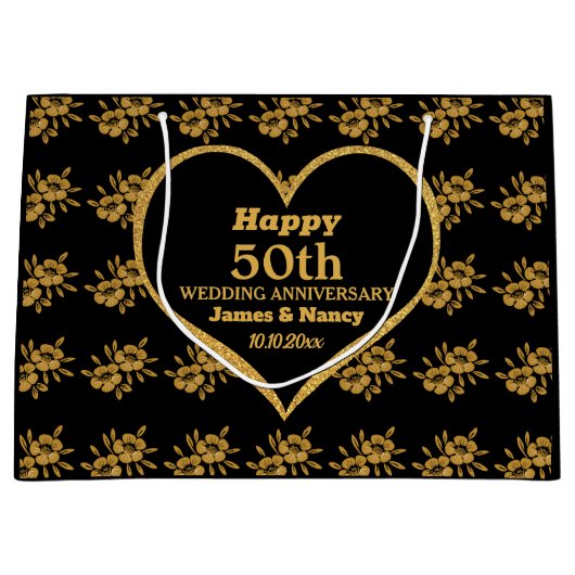 黒エレガント金ゴールド花50結婚周年 ラージペーパーバッグ (正面)