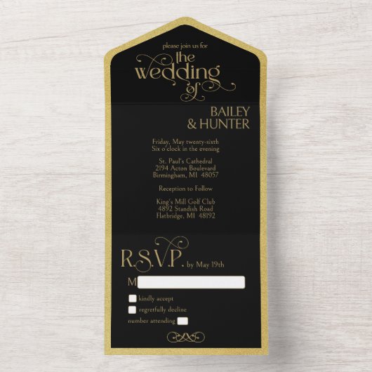 黒エレガント金ゴールド華美タイポグラフィ結婚の オールインワン招待状 (内側)
