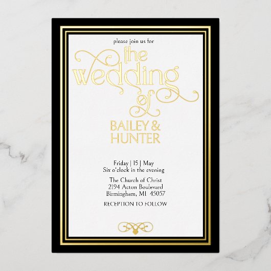 黒エレガント金ゴールド華美タイポグラフィ結婚の 箔招待状 (正面)