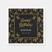 黒エレガント金ゴールド蝶ハッピーバースデー スタンダードカクテルナプキン (正面)