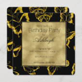 黒エレガント金ゴールド蝶誕生日 招待状 (正面/裏面)