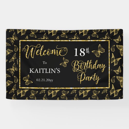 黒エレガント金ゴールド蝶18th誕生日パーティー 横断幕 (横)