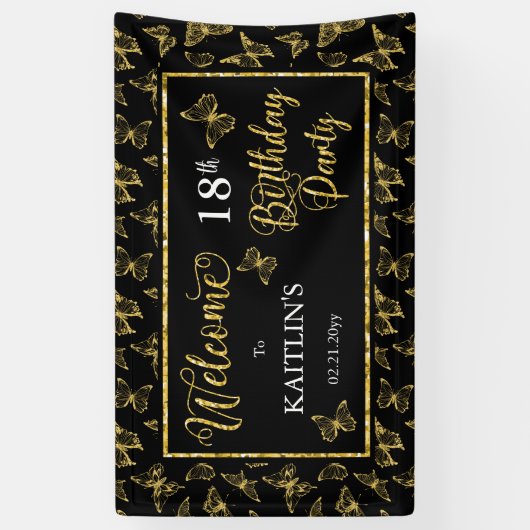 黒エレガント金ゴールド蝶18th誕生日パーティー 横断幕 (縦)