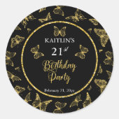 黒エレガント金ゴールド蝶21st誕生日パーティー ラウンドシール (正面)