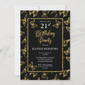 黒エレガント金ゴールド蝶21st誕生日パーティー 招待状 (正面)