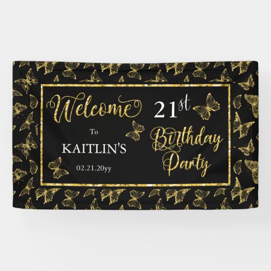 黒エレガント金ゴールド蝶21st誕生日パーティー 横断幕 (横)