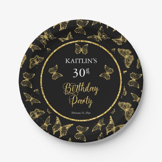 黒エレガント金ゴールド蝶30th誕生日パーティー ペーパープレート (正面)