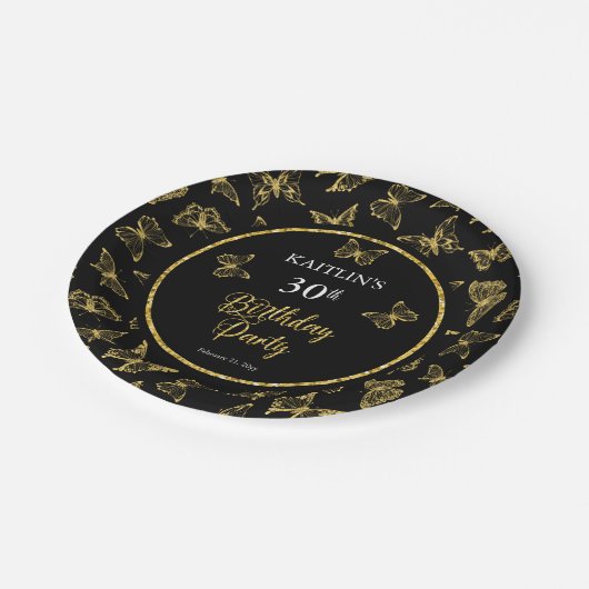 黒エレガント金ゴールド蝶30th誕生日パーティー ペーパープレート (アングル)