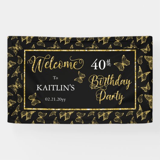 黒エレガント金ゴールド蝶40th誕生日パーティー 横断幕 (横)