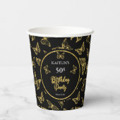 黒エレガント金ゴールド蝶50th誕生日パーティー 紙コップ (裏面)