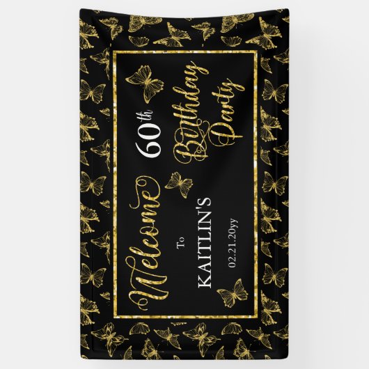 黒エレガント金ゴールド蝶60th誕生日パーティー 横断幕 (縦)