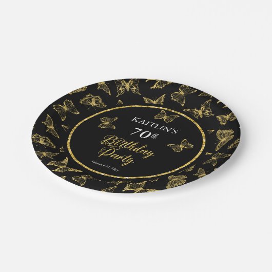黒エレガント金ゴールド蝶70th誕生日パーティー ペーパープレート (アングル)