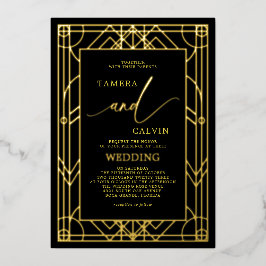 黒エレガント金ゴールド装飾結婚枠 箔招待状