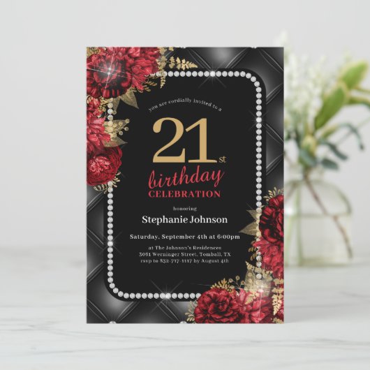 黒エレガント金ゴールド赤フローラ21日パーティー 招待状 (スタンド正面)