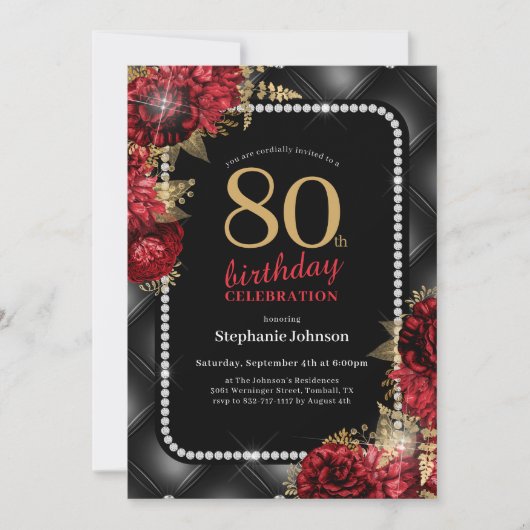 黒エレガント金ゴールド赤フローラ80th誕生日パーティー 招待状 (正面)