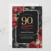 黒エレガント金ゴールド赤フローラ90th誕生日パーティー 招待状 (正面)