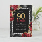 黒エレガント金ゴールド赤フローラ90th誕生日パーティー 招待状 (スタンド正面)
