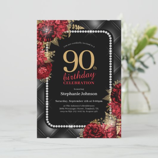黒エレガント金ゴールド赤フローラ90th誕生日パーティー 招待状 (スタンド正面)