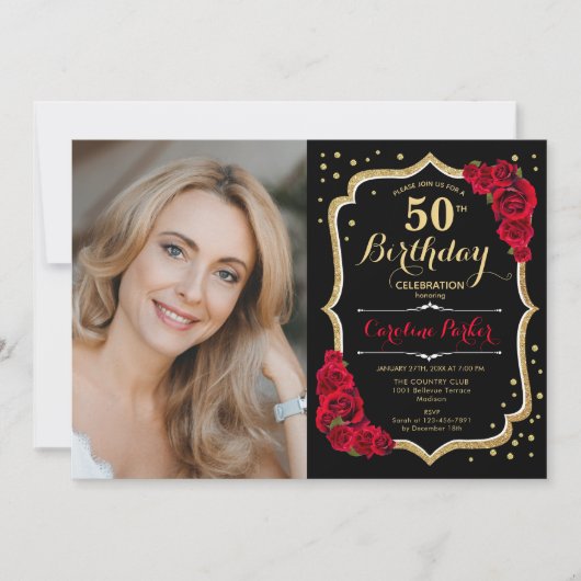 黒エレガント金ゴールド赤写真50誕生日 招待状 (正面)