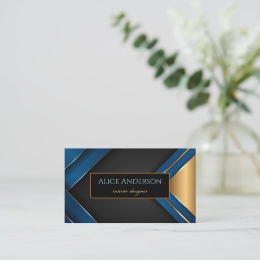 黒エレガント金ゴールド青ストライプ図形デザイナ 名刺 (スタンド正面)
