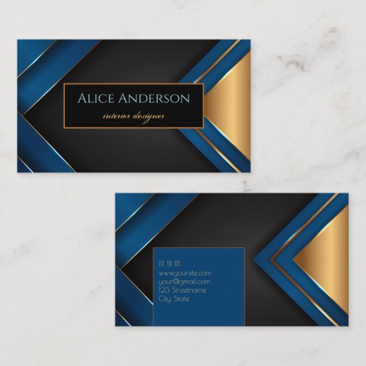 黒エレガント金ゴールド青ストライプ図形デザイナ 名刺 (正面/裏面)