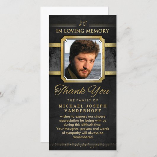 黒エレガント金ゴールド音符メモリアルありがとう サンキューカード (正面/裏面)