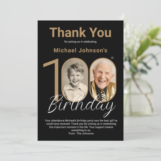 黒エレガント金ゴールド100番目の誕生日サンキューカード 招待状 (スタンド正面)