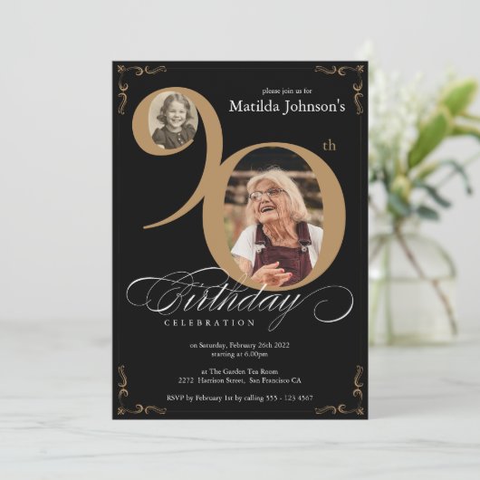 黒エレガント金ゴールド2フォトカスタム誕生日90 招待状 (スタンド正面)