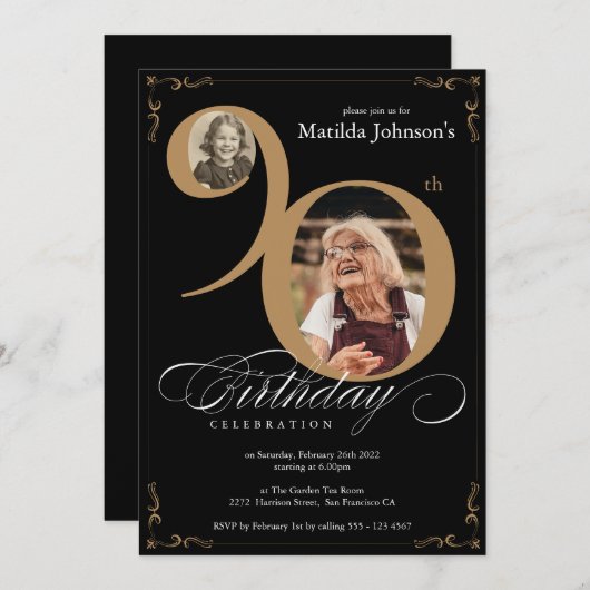黒エレガント金ゴールド2フォトカスタム誕生日90 招待状 (正面/裏面)
