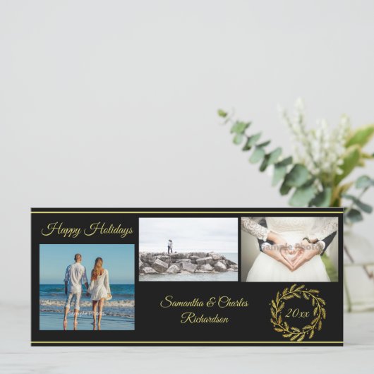 黒エレガント金ゴールド3フォトホリデーカード (スタンド正面)
