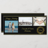 黒エレガント金ゴールド3フォトホリデーカード (正面/裏面)