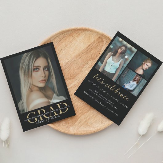 黒エレガント金ゴールド4写真卒業パーティー 招待状