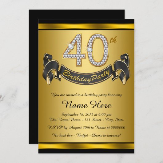 黒エレガント金ゴールド40歳の誕生日パーティー 招待状 (正面/裏面)