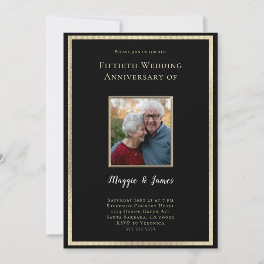 黒エレガント金ゴールド50周年記念写真 招待状 (正面)