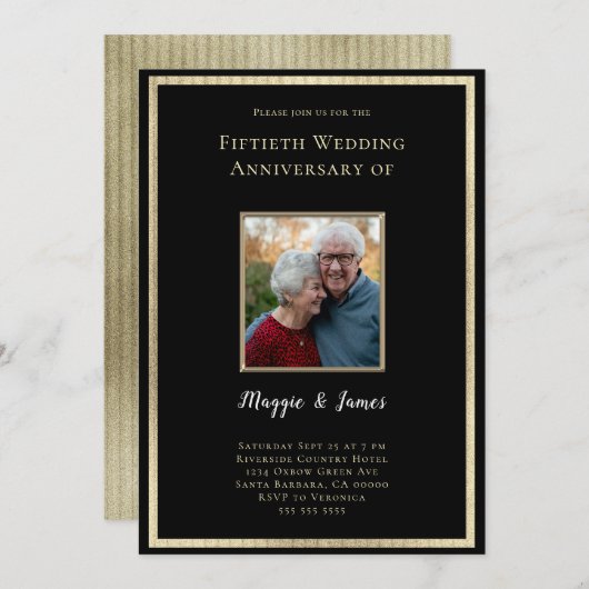 黒エレガント金ゴールド50周年記念写真 招待状 (正面/裏面)