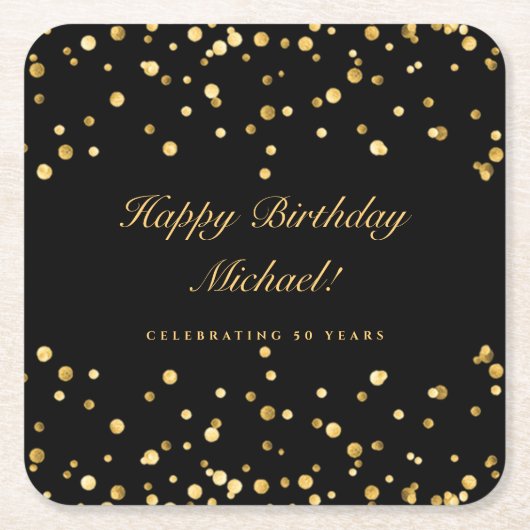 黒エレガント金ゴールド50誕生日 スクエアペーパーコースター (正面)