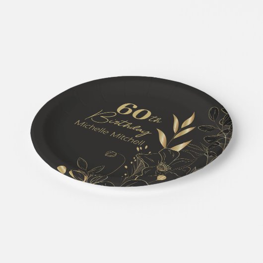 黒エレガント金ゴールド60カスタムth誕生日任意の年齢 ペーパープレート (アングル)
