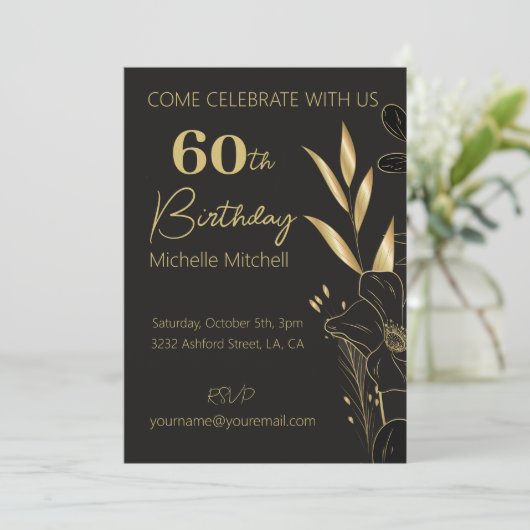 黒エレガント金ゴールド60カスタムth誕生日任意の年齢 招待状 (スタンド正面)