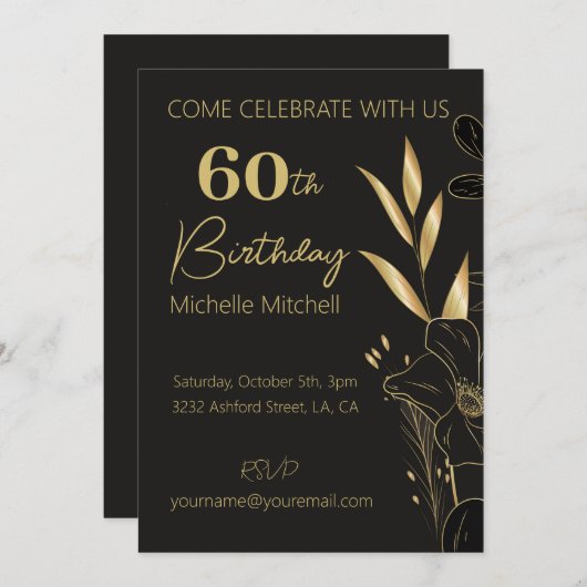 黒エレガント金ゴールド60カスタムth誕生日任意の年齢 招待状 (正面/裏面)