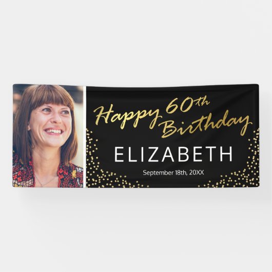 黒エレガント金ゴールド60番目の誕生日写真 横断幕 (横)