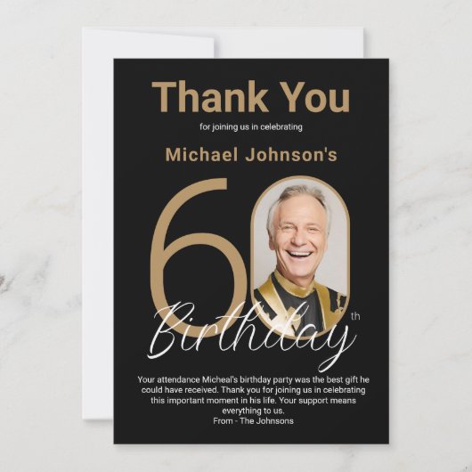黒エレガント金ゴールド60誕生日 サンキューカード (正面)