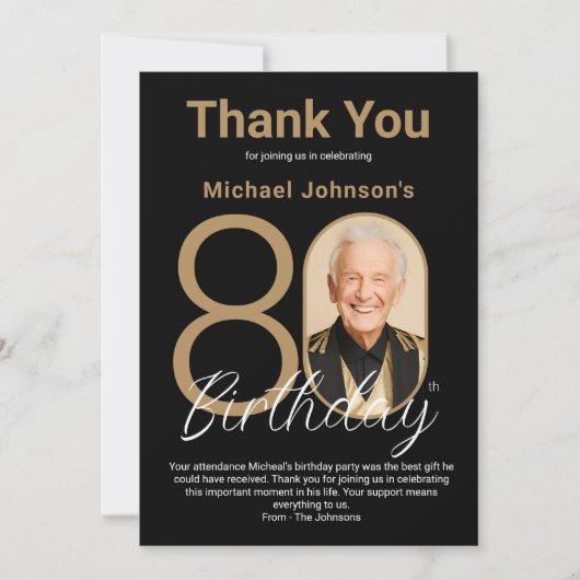 黒エレガント金ゴールド80誕生日 サンキューカード (正面)