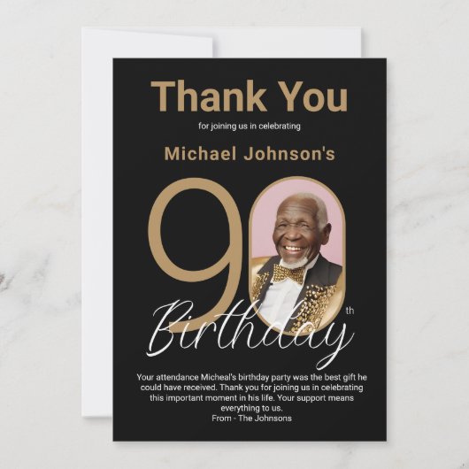 黒エレガント金ゴールド90誕生日 サンキューカード (正面)