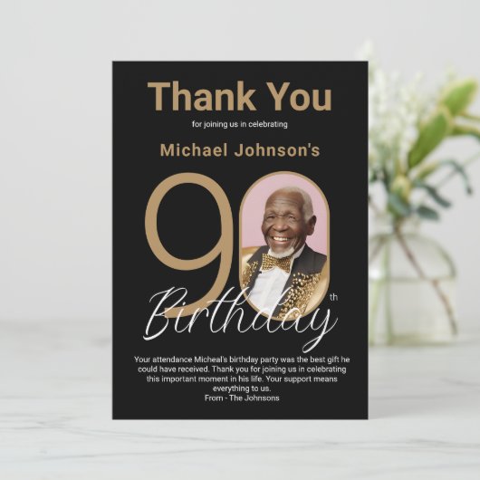 黒エレガント金ゴールド90誕生日 サンキューカード (スタンド正面)