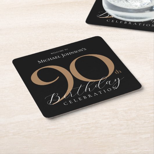 黒エレガント金ゴールド90th誕生日パーティー スクエアペーパーコースター (アングル)