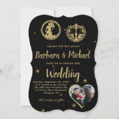 黒エレガント金ゴールド〔占星術の〕十二宮図シンボルや象徴写真結婚 招待状 (正面)