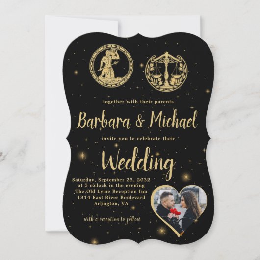 黒エレガント金ゴールド〔占星術の〕十二宮図シンボルや象徴写真結婚 招待状 (正面)