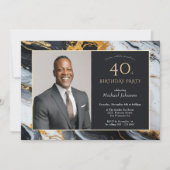 黒エレガント金ゴールドAgate写真40歳の誕生日 招待状 (正面)