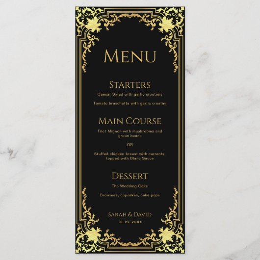 黒エレガント金フェイク箔ヴィンテージウェディング メニュー (正面)